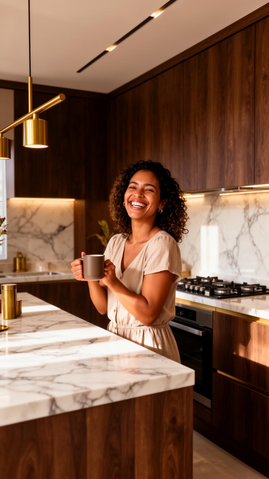 Cliente feliz na nova cozinha planejada pela KMG